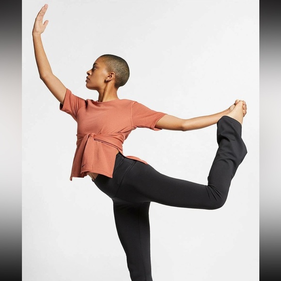 Nike Women's Dri-FIT Studio Short Sleeve Yoga Top, Dusty Peach Size XS, Wrap Tie - Picture 2 of 16